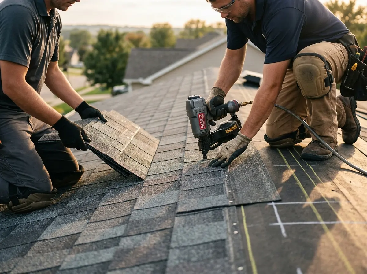 Professional roofer working on a residential roof in Pascagoula